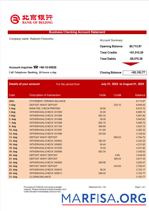 Printable Bank of Beijing firm statement Word and PDF template
